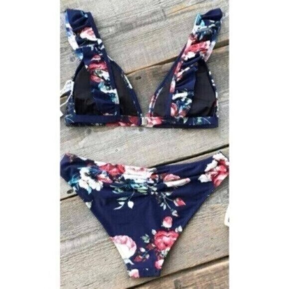 NEW Blue White Floral Print Bikini Set Size Large Bathing Suit Swim - Picture 3 of 7